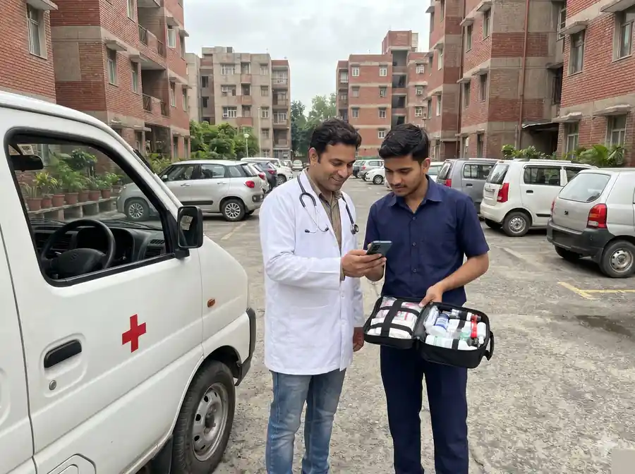 NoidaDoc doctor and assistant checking equipment before a home visit in Noida