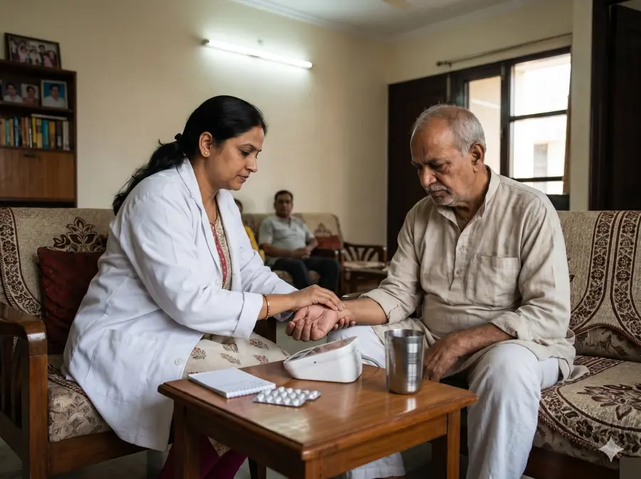 NoidaDoc female doctor checking blood pressure of elderly patient during a home visit