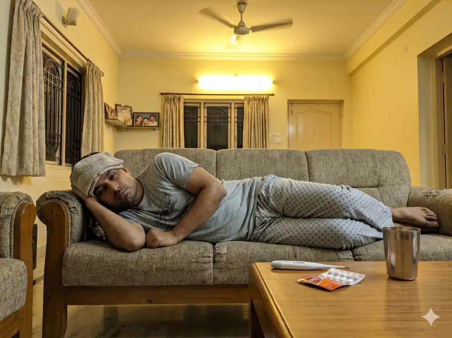 Doctor treating man with high fever at home in Noida