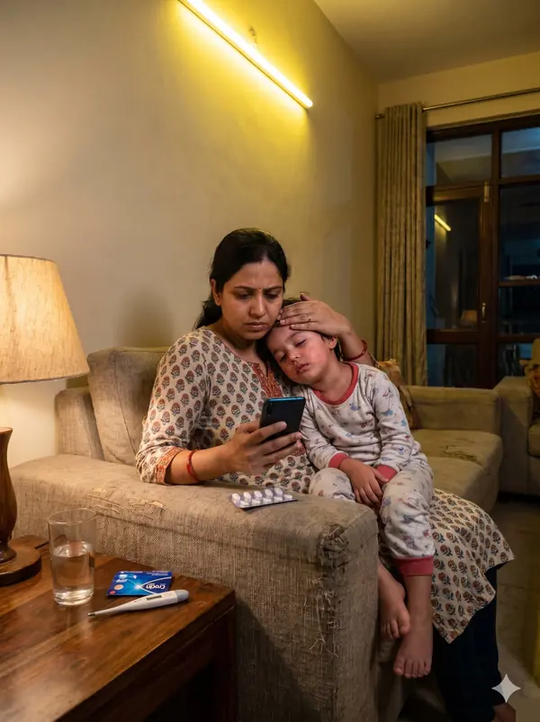 Mother calling home doctor for sick child at night in Noida