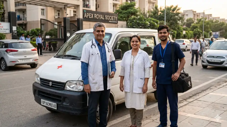 NoidaDoc team with Maruti Eeco medical vehicle at Apex Royal Society Noida